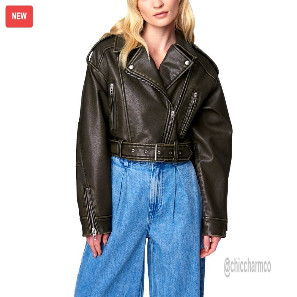 Oversized Vegan Leather Moto Jacket Y2K Chic Biker Style Adjustable Belt